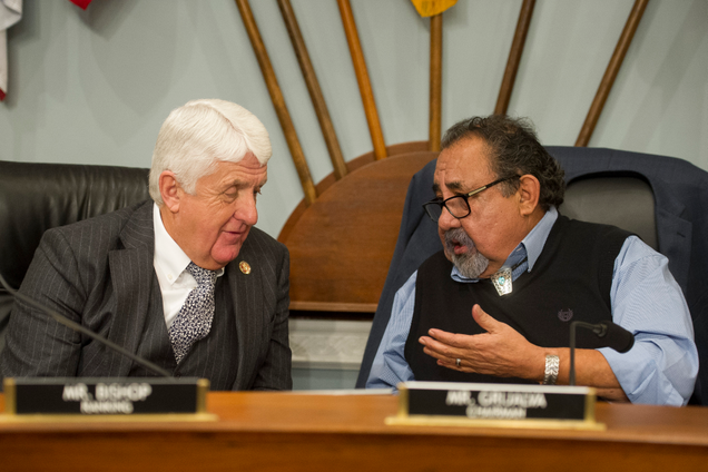 House Natural Resources Committee Chairman Raúl Grijalva (D- Arizona), right, talks with Ranking Member Rob Bishop (R- Utah) during the committee’s hearing on climate change February 6, 2019